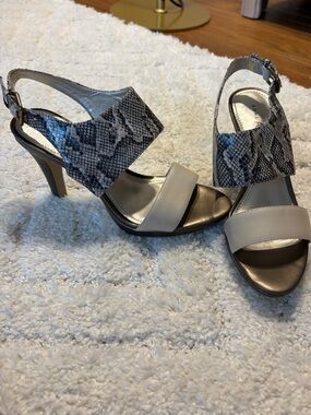 Anne Klein Taupe and Snake-Print Slingback Heels